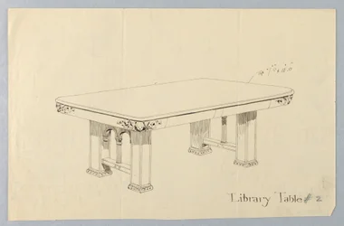 Disegno, Progetto per un Tavolo da Biblioteca Rettangolare #2 con Facce di Putti Intagliate su Ognuno degli Angoli Arrotondati