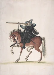 Disegno di un soldato archibugiere a cavallo, fine 16° secolo