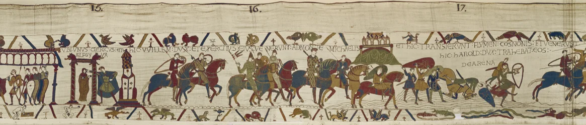 Il Duca Guglielmo guida il suo esercito in Bretagna dove Harold salva coraggiosamente i soldati dalle sabbie mobili, Arazzo di Bayeux