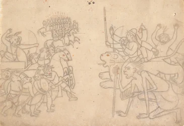 Durga e Kali si avvicinano agli eserciti riuniti di Chanda e Munda, dal Devi Mahatmya, c. 1780