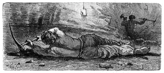 Minatore di carbone dei primi del XIX secolo che lavora in una vena stretta, c1868