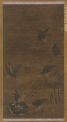 Otto uccelli Mynah con bambù e orchidee, dinastia Ming