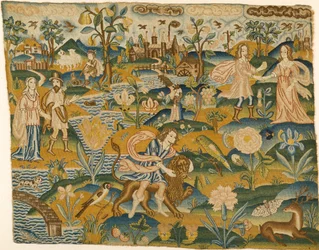 Quadro ricamato: Uomo con un leone in un paesaggio con due coppie, seconda metà del XVII secolo