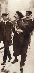 Arresto di Emmeline Pankhurst da parte del Sovrintendente Rolfe fuori da Buckingham Palace, Londra, maggio 1914