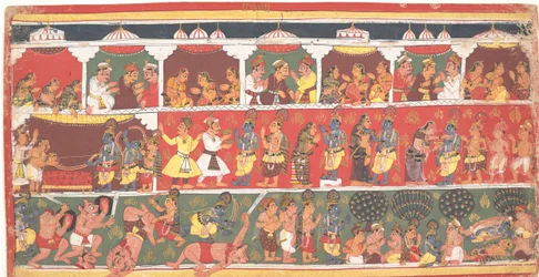 Incontri a Mathura: Pagina da un Bhagavata Purana disperso, ca. 1700