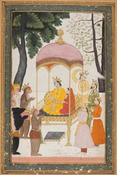 Rama e Sita in trono ricevono omaggio dai loro alleati scimmia e orso, c. 1765