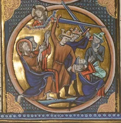 Esecuzione degli ebrei. Miniatura da Emblèmes bibliques, ca 1220-1230