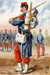 F: Fanteria di linea. Incisione in "Alfabeto Militare". Cromolitografie fine XIX secolo