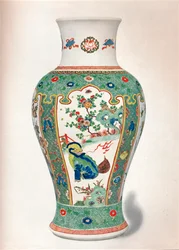 Vaso Famille Verte, con quattro pannelli verticali dipinti con rocce e piante fiorite, due mostri