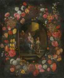 Famiglia in una ghirlanda di fiori e frutti