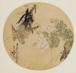 Dipinto su ventaglio - Fiore e Uccello, XIX secolo 1801-1900
