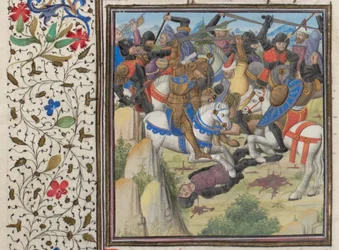 Combattimento tra cristiani e saraceni sotto Saladino. Miniatura dalla Historia di Guglielmo di Tiro, 1460s