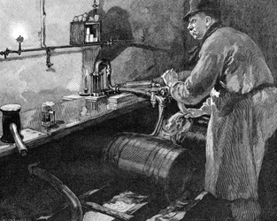 Riempimento di barili di birra in una birreria americana, 1885