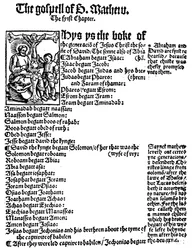 Prima pagina del Vangelo di San Matteo dal Nuovo Testamento inglese di William Tyndale, 1525
