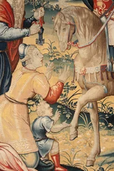 Arazzo fiammingo. Serie La storia di Annibale. Annibale in Italia (terzo arazzo conservato). Modelli di maestro anonimo dei Paesi Bassi. Manifattura delle botteghe di Bruxelles. Ca 1570. Tessuto in lana e seta