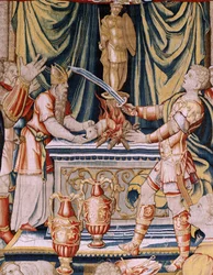 Arazzo fiammingo. Serie La storia di Annibale. Il giuramento di Annibale (primo arazzo della serie). Cartoni di maestro anonimo dei Paesi Bassi. Manifattura delle botteghe di Bruxelles. Ca 1570. Tessuto in lana e seta