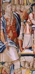 Arazzo fiammingo. Serie La storia di Annibale. Il giuramento di Annibale (primo arazzo della serie). Cartoni di maestro anonimo dei Paesi Bassi. Manifattura delle botteghe di Bruxelles. Ca 1570. Tessuto in lana e seta