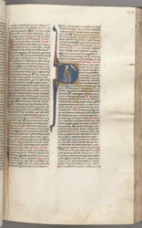 Fol. 218r, Salmo 26, iniziale istoriata D, Davide inginocchiato che indica i suoi occhi, il busto di Dio...