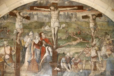 Abbazia di Fontevrault, dipinto nella sala capitolare: la resurrezione dipinta da Thomas Pot intorno al 1563, Fontevraud, Francia