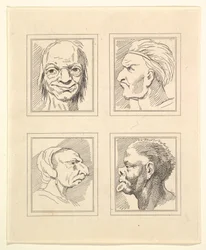 Quattro teste da Caricature di Leonardo da Vinci, da disegni di Wincelslaus Hollar, 1786
