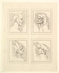 Quattro teste da Caricature di Leonardo da Vinci, da disegni di Wincelslaus Hollar, o..., 1786