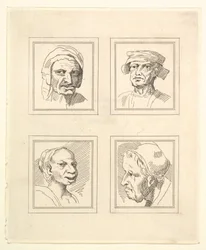 Quattro teste da Caricature di Leonardo da Vinci, da disegni di Wincelslaus Hollar, o..., 1786
