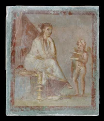 Vignetta incorniciata dipinta a fresco su un muro verde, 65-75