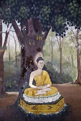 Affresco che raffigura una scena della vita del Buddha nel Wat Phra Doi Suthep, Chiang Mai. Buddha che medita sotto un albero. Thailandia