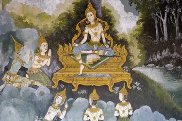 Affresco raffigurante una scena della vita del Buddha nel Wat Phra Doi Suthep, Chiang Mai, Thailandia