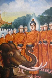 Affresco raffigurante il sangha del Buddha con un elefante nel Wat Chiang Mun, Chiang Mai, Thailandia