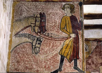 Affresco della Torre Ferrande a Pernes-les-Fontaines (Pernes les Fontaines, Vaucluse (84)) del XIII secolo: Un palafreniere che tiene le redini di tre cavalli.