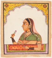 Da una serie di ritratti femminili: Una signora a una finestra jharoka che tiene una rosa, c. 1730