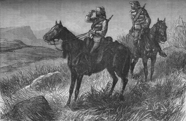 Frontier Light Horse, in servizio di vedetta, Scoprendo Zulu vicino al Campo di Woods, sulla Collina di Kambula, c1880