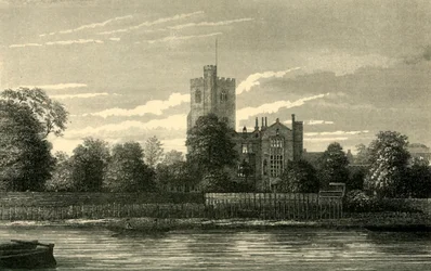 Chiesa di Fulham, dal Tamigi, c1878