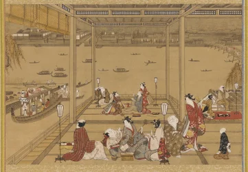 Allegria in una casa da tè sul fiume, periodo Edo, XVIII secolo