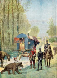 Gendarmi che portano moduli di censimento a un accampamento di zingari itineranti nella loro carovana, 1895