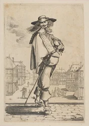 Gentiluomo con una spada davanti ad alcuni edifici, 1629