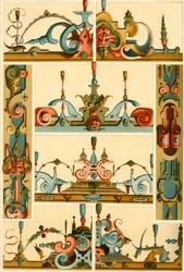 Pittura murale rinascimentale tedesca e ornamento in pietra e legno, 1898