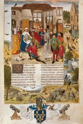 Imperatore tedesco Federico II di Hohenstaufen circondato da cacciatori di falconeria, miniatura.