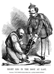 Giuseppe Garibaldi aiuta Vittorio Emanuele II a indossare lo stivale d