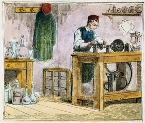 Tagliatore di vetro che decora articoli da tavola su una ruota di carburo di silicio, 1867