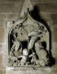 Arte gotica: epitaffio di un canonico scultura in pietra di Nicolas de Leiden. 1463 Cattedrale Notre Dame Strasburgo (Bas-Rhin)