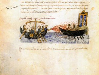Fuoco greco. Miniatura dal Madrid Skylitzes, 11°-12° secolo