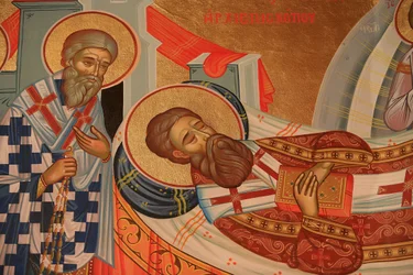Icona ortodossa greca che raffigura la dormizione (morte) di San Gregorio Palamas, Salonicco, Grecia