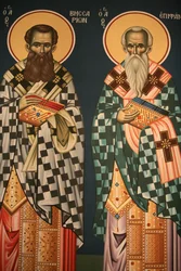 Icona ortodossa greca che raffigura San Vissarion e San Epifanio, Salonicco, Grecia