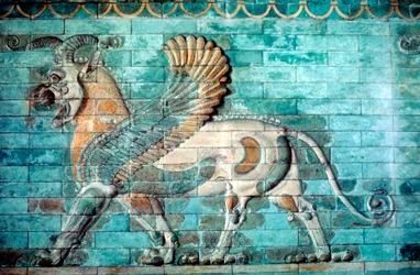 Rilievo di grifone-leone in muratura di mattoni smaltati, periodo achemenide, antica Persia, 530-330 a.C.