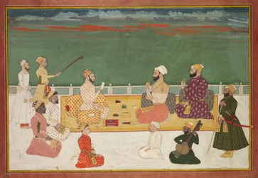 Ritratto di gruppo di Rajas circondati dal seguito di corte, c. 1700-20