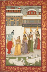 Gujari Ragini Krishna con Gopi che suonano il flauto, da una serie di Ragamala, metà 1700