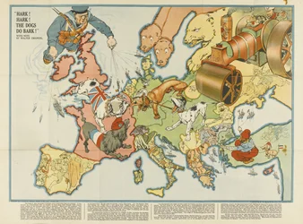 Ascoltate! Ascoltate! I cani abbaiano! Carta satirica europea, 1914