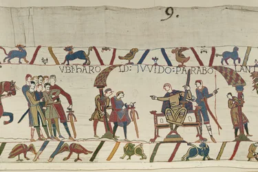 Harold e il Conte Guy di Ponthieu parlano insieme a Beaurain, Arazzo di Bayeux
